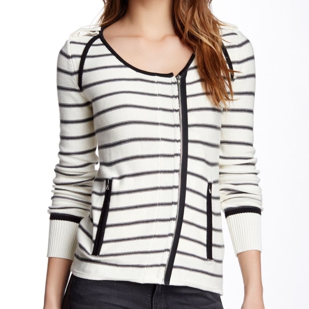 Anthropologie Jamison Chet Knit Stripe Jacket White Black Gray Sweater Cardigan
